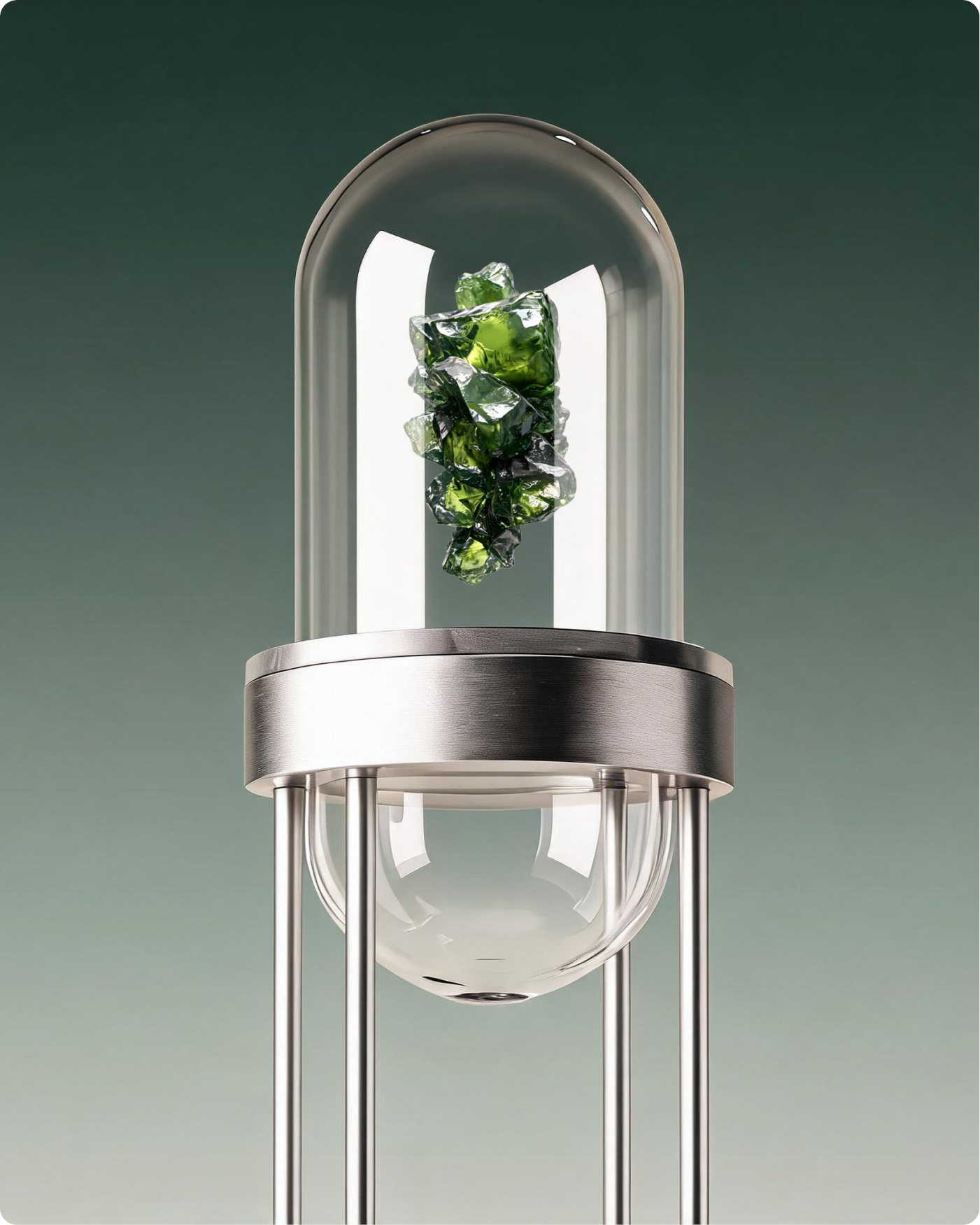 Glass capsule containing green recycled glass fragments symbolising sustainable glass production